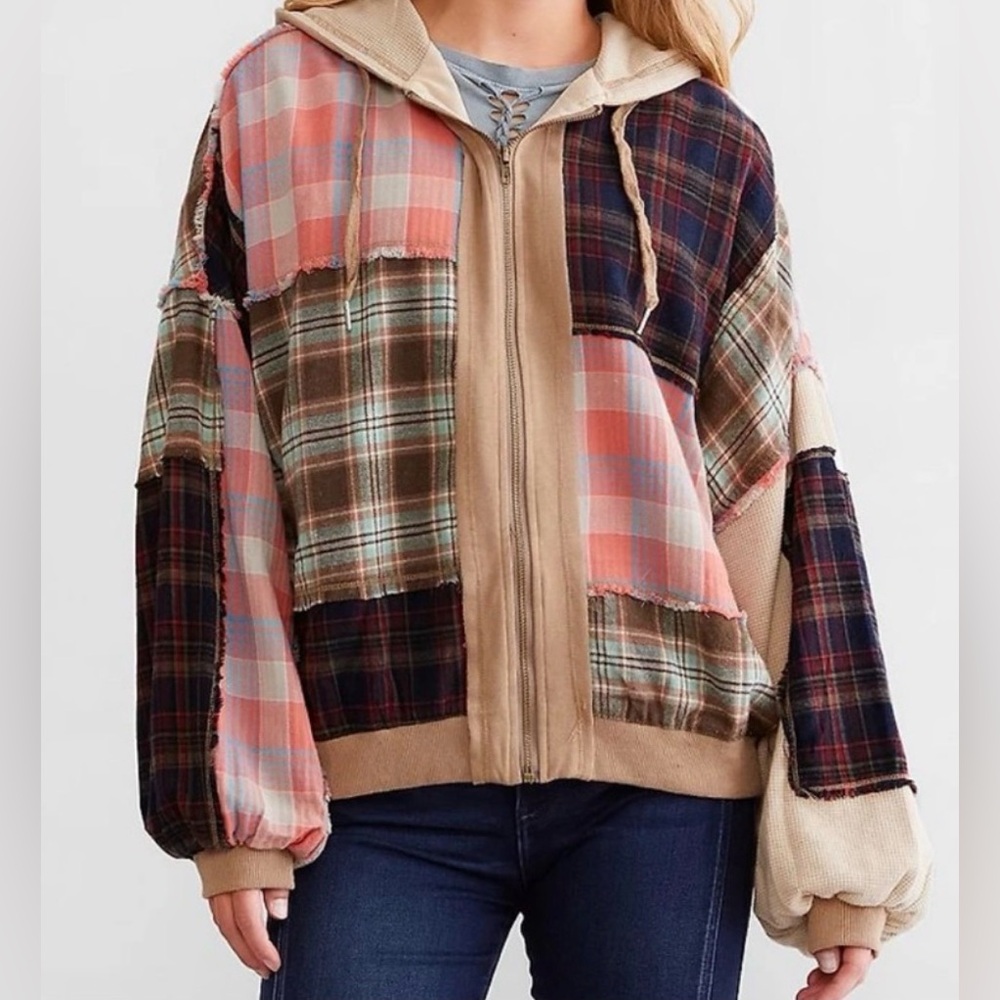 ✨NWOT Oli & Hali Plaid Patchwork Hooded Shacket Jacket Sweatshirt Oversized